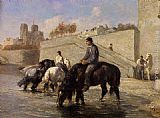 Chevaux s'Abreuvant dans la Seine Derriere Notre Dame by Jules Jacques Veyrassat